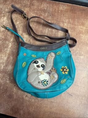 Chala Teal Sloth Appliqué Crossbody with Brown Strap